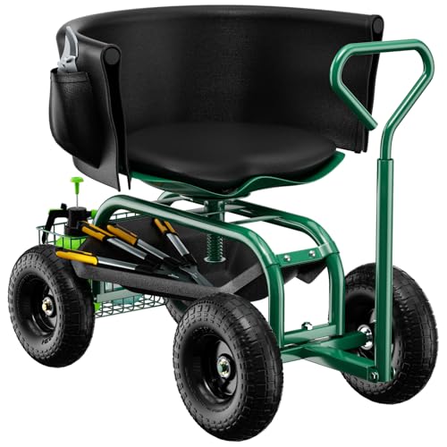 Baotree Garden Seat with Wheels Rolling Garden Stool with Adjustable 360Swivel Seat Storage Basket & Extendable Handle Outdoor Gardening Scooter Garden Cart Workseat Stools for Seniors