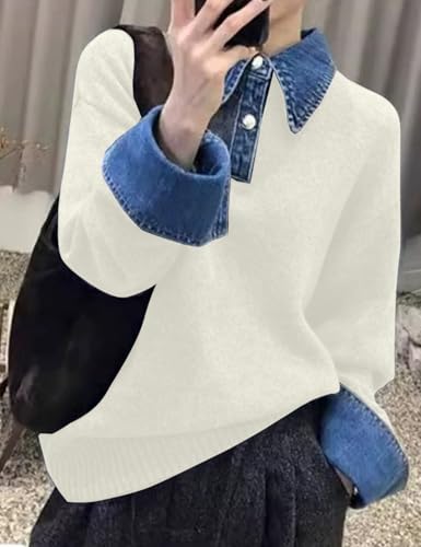 Image of Womens Denim Lapel Sweater Oversized Long Sleeve Button Down Polo Knit Pullover Sweaters 2025 Fall Outfits