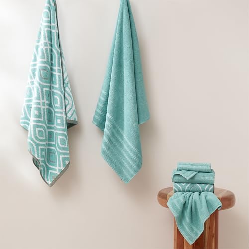 Image of Modern Threads 6 Piece Bath Towel Set - Bathroom Set with 2 Bath Towels, 2 Hand Towels, and 2 Wash Cloths - 100% Cotton, Super Absorbent & Extra Soft - Reversible Classic Diamond (Aqua)