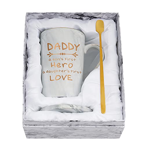 Dad Gifts, Daddy Son's Hero Daughter's Love Coffee Mug, Best Dad Mug, Unique Gifts for Dad from Daughter Son for Father's Day Christmas Birthday, 14 Oz Gray with Coaster Spoon Gift Box