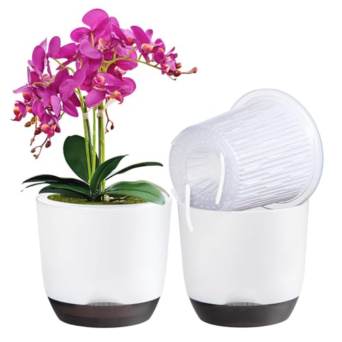 QCQHDU 2Pack orchid pots 5.8In large self watering orchid plant pots indoor Clear Plastic Pots with Holes and Detachable Water Reservoir(white)