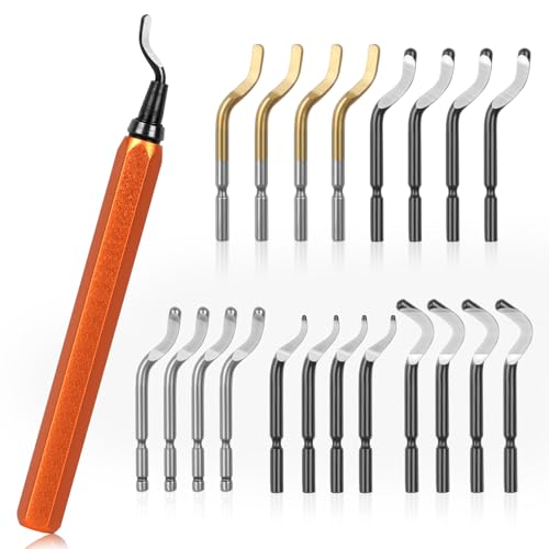 KOMABLEN 21 Pezzi Sbavatore di Attrezzi Set, Sbavatura Strumento con 20 HSS Lame di Ricambio, 360°Rotazione Sbavatore per Metallo per Stampante 3D, Plastica, Alluminio, Rame e Acciaio(Arancia)