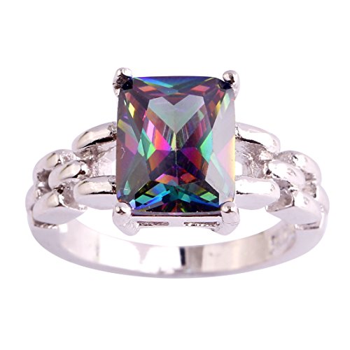 925 Sterling Silver Plated Emerald Cut Simulated Rainbow Topaz Wedding Ring for Women2