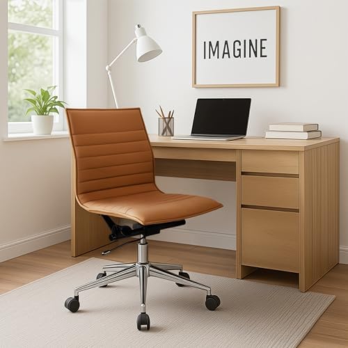 2xhome Modern Office Chairs | Upholstered PU Leather Ribbed Mid B...
