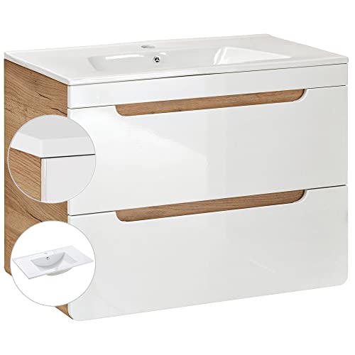 Lomadox Waschtisch mit Unterschrank Hochglanz weiß Wotan Eiche Nb., 81 cm Keramik Waschbecken, Softclose-Schubkästen Lomadox Waschtisch mit Unterschrank Hochglanz weiß Wotan Eiche Nb., 81 cm Keramik Waschbecken, Softclose-Schubkästen
