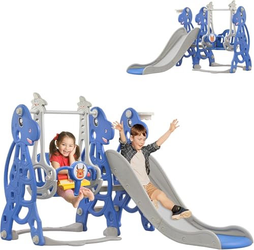 TWOLIIN 4-in-1 Kinderrutsche, Kinder Spielplatz, Spielzeugrutsche mit Kletterleiter, Schaukel und Basketballkorb, Multifunktionale Rutsche für Kinder von 1-5 Jahre, Querstange
