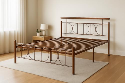 Image of Mexo Metal Queen Size Bed Without Storage | Wrought Iron Double Bed with Headboard & Footboard | Sturdy Powder Coated Platform Bed Queen Size Cot for BedroomLivingRoom Brown (75x60)