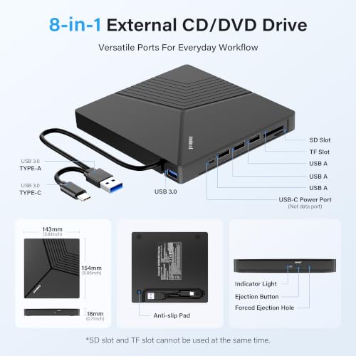 Image of Amicool 8-in-1 USB A /C External CD /DVD Drive with TF /SD Card Reader Port