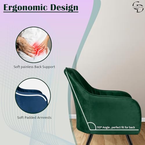 Image of Velvet Accent Chair | Luxury Upholstered Armchair with Sturdy Metal Legs | Modern Comfortable Chair for Living Room, Bedroom, Office, or Cafe (Black Legs, Green)