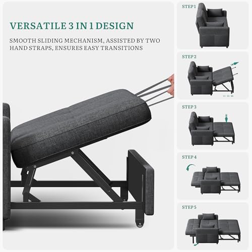 YITAHOME Schlafsofa mit Schlaffunktion, 182x136 cm Sofa, 5-stufig Verstellbarer Rückenlehne, 3-in-1 Schlafcouch mit 2 Kissen & Seitentasche, 2-Sitzer Sofa Bed für Gästezimmer, Grau