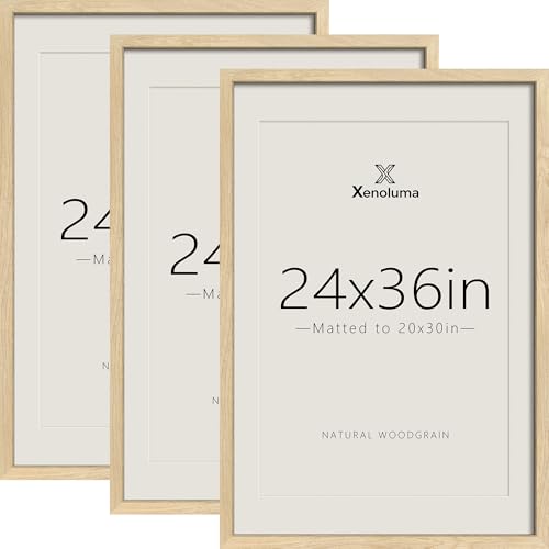 Xenoluma 24x36 Poster Frames - 3 Pack Natural Solid Wood Wide Border Picture Frame Display 20x30 with Mat or 24 x 36 Without Vertical & Horizontal Wall Mount