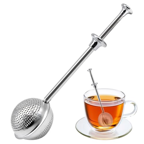 Stainless Steel Tea Strainer Ball with Long Handle, Push-to-Open Loose Leaf Tea Infuser Fine Mesh Press Ball Filter for Cup, Mug or Teapot Brewing