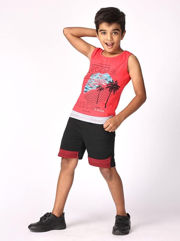 Image of TotzTouch Kids Dress For Boys T shirt | Shorts Set Summer Dress Cotton Sleeveless Tee Shirt Half Pants Clothing Set (Colors Blue, Red, Green Tops & Navy, Black, Grey Shorts) Age 1 years to 15 years