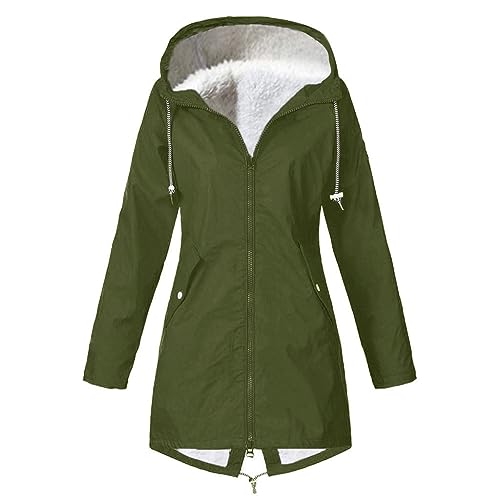 EMATOP Damen Softshell Lange Jacke Warm Gefüttert Regenjacke Wasserdichte Atmungsaktiv Regenmantel Langarm Teddy-Fleece Windbreaker mit Kapuze Wanderjacke Einfarbig Elegant...