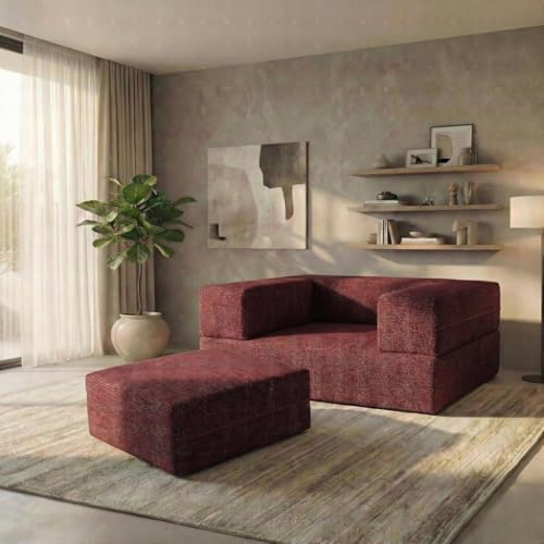 Image of C-Type Sofa Bed 3x6 Ft with Pouffe - Jute Fabric Convertible Floor Sofa Cum Bed with Wide Arm Support for Living Room & Guest Room, Office - Red Color