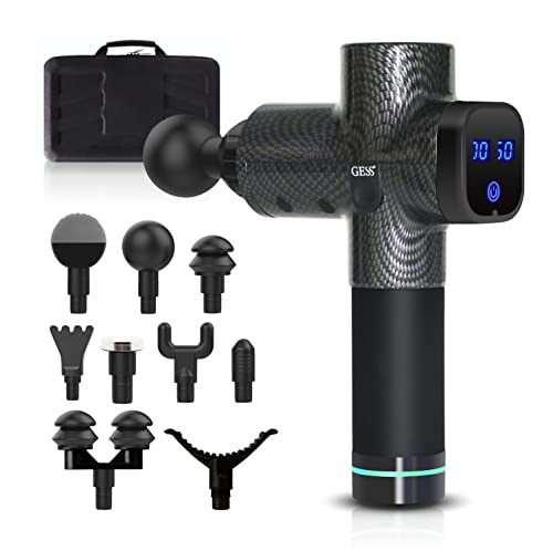 GESS Revolver Massagepistole, Tiefengewebe-Perkussionsmassagegerät zur Schmerzlinderung in Rücken, Nacken, Schultern und Beinen, mit 9 Aufsätzen, tragbar, ideal für Sportler und zur Muskelregeneration