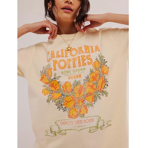 Womens Oversized Vintage Flower Graphic Tees Tops Y2k California Aesthetic Baggy T-Shirts Fruit Coastal Summer3