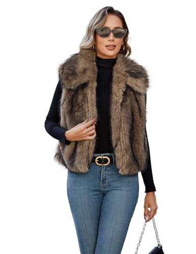 FIOPHY Womens Faux Fur Vest Lapel Collar Sleeveless Open Front Cardigan Top Fuzzy Coats Jacket Fluffy Outwear with Pockets Golden Camel S
