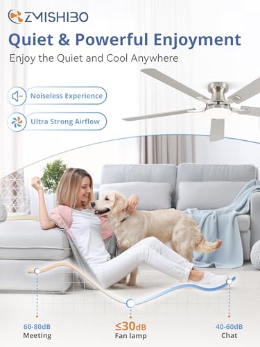 Image of ZMISHIBO 60 Inch Ceiling Fan with Light, App&Remote Control, Flush Mount Low Profile, Dimmable 20W LED Light, Quiet Reversible Motor for Bedroom, Living Room, Apartment, Nickel