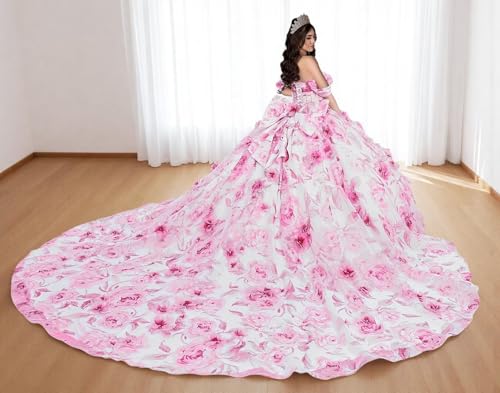 Zhangyo Off Shoulder Floral Print Quinceanera Dresses Chiffon Sweet 15 16 Dresses with Bow Sparkly Beaded Ball Gown2