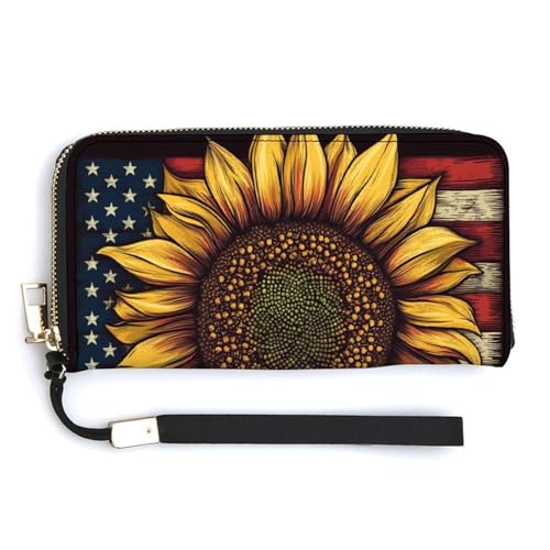Yellow Sunflower with An American Flag PU Leather Clutch Long Bifold Wallet, Coin Purse Credit Pass Case, Durable Card-Holder Money Storage for Women Men