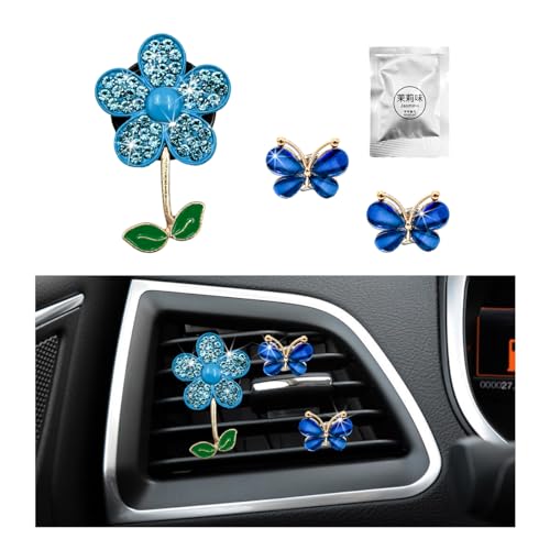 Image of povtii 3 PCS Bling Car Air Vent Clips, Rhinestone Daisy Butterfly Air Freshener Outlet Diffuser Clip, Cute Auto Air Conditioning Clip Charm for Women Girls, Decor Car Accessories (Blue)