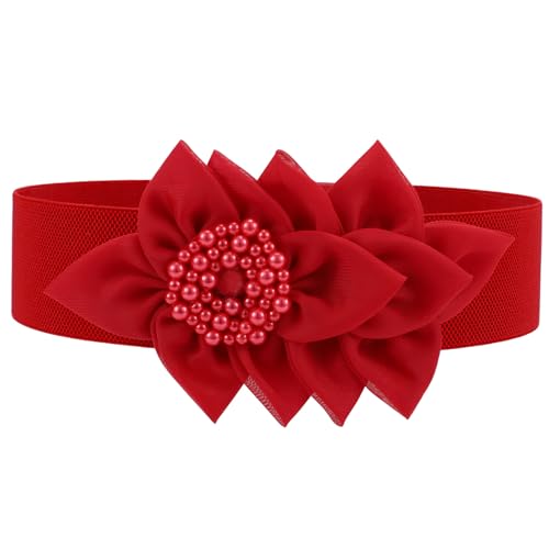 VONMELLI Women Wide Elastic Belt Fashion Waist Belts for Women Dresses Stretchy Flowers Decor Belt Red S