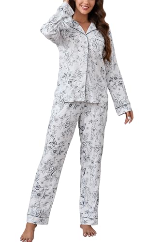 Image of LUBOT 100% Cotton Pajamas for Women Pajama Set 2 Piece PJ Sleepwear Set Soft Ladies Button Knit Long Sleeve Loungewear XS-XXL