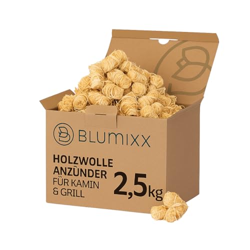 Blumixx Kaminanzünder Holzwolle Anzünder 2,5 kg - ca. 250 STK. - Ökologische Kamin- und Grillanzünder aus reinem Holz und Wachs, FSC-Zertifiziert, Effiziente und nachhaltige Anzündhilfe