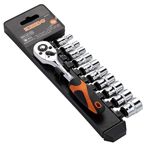 Kendo 11Pcs 1/4'' Drive Metric Ratchet Socket Wrench Set - Professional 72 Tooth Reversible Quick Release Wrench With 10 Crv Sockets - 5Mm To 14Mm - With Storage Rack #TOP7
