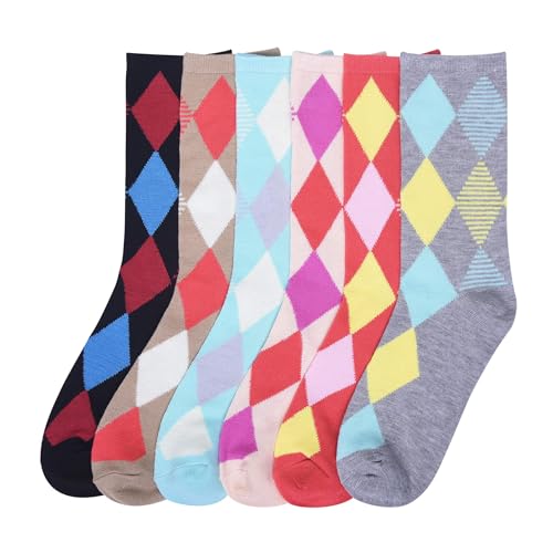COUVER 6-PACK Women's Comfort Design Crew Socks, Argyle, 9-11