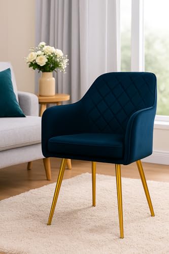 Image of Barfi Velvet Dining Chair | Premium Modern Upholstered Accent Chair with Armrest, Padded Seat and Metal Legs | Comfy Chair for Home, Office & Restaurents (1, Blue)