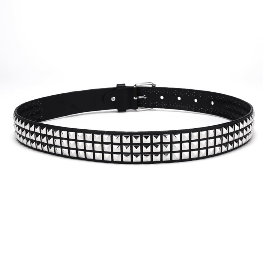Square bead willow nail metal belt, 3.8cm wide pyramid neutral inlaid square bead rivet denim belt (black), one size fits all4