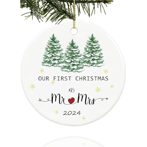 Our First Christmas Married Ornament 2024,Just Married Christmas Ornament as Mr and Mrs, First Year Newlywed 2.9" Ceramic Round Ornament, Wedding Decoration for Couple Married Cover