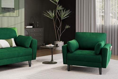 Image of Yaheetech Modern Single Sofa Fabric 1 Seater Sofa Small Couch with 2 Pillows Lounge Sofa Set for Living Room Study Bedroom Velvet Fabric Green