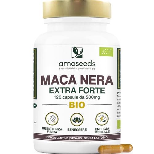 Maca Peruviana Nera BIO, 10 000mg al giorno | Estratto di radice di Qualità superiore | Equilibrio Ormonale, Energia, Benessere, | 120 Maca Capsule Vegane