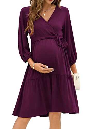 KOJOOIN Vestido de Maternidad de Las Mujeres con Cuello en V 3/4 Mangas Vestido de Lactancia Volantes Vestidos de Embarazo con cinturónBorgoña(Manga 3/4) L