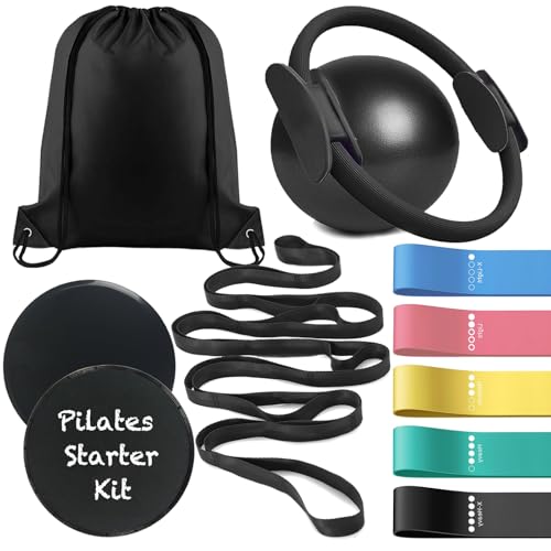 Pilates Ring Ball Bands Set Pilates Essentials Kit for Home Workouts, Yoga Ball, Pilates Magic Circle, Core Sliders Discs, Exercise Resistance Bands, Yoga Stretch Strap with Loops, Women Fitness Gift