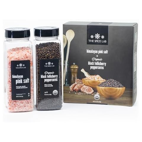 The Spice Lab Pink Himalayan Salt Coarse 2.2 Pound Tub & USDA Organic Tellicherry Peppercorns 18oz Tub - Combo Salt and Pepper Gift Pack - Peppercorns for Grinder Cover