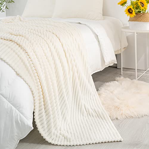 Recyco Fleece Throw Blanket For Couch, Super Soft Cozy Fuzzy Decorative Blankets And Throws With Striped Pattern For Sofa, Lightweight Ribbed Plush Cream White Throw Blanket For Bed 50"X60" #TOP3