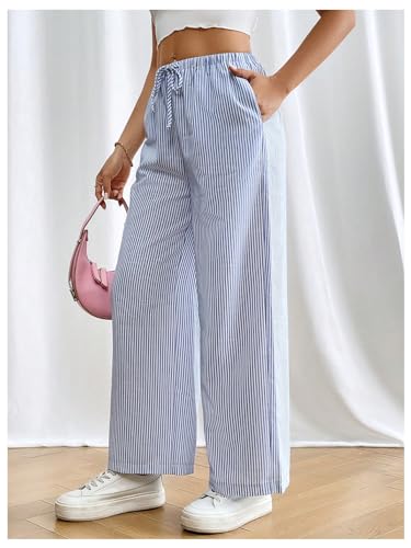 Floerns Women's Striped Elastic Drawstring Waist Straight Wide Leg Pants with Pockets4