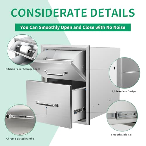 Image of Outdoor Kitchen Drawers 16 inch W x 20 inch H x 20 inch D Stainless Steel Paper Towel Drawers with Ergonomic Handle for BBQ Island, Patio Grill Station & Outdoor Kitchen Cabinets