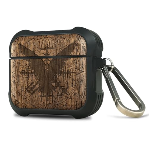 Carveit Custodia in Legno Compatibile con AirPods 4 (2024) Gen Case, Cover Protettiva in Antiurto per Apple AirPods 4 Gen con titanio Moschettone (Noce-Crow Mistico con Simboli)