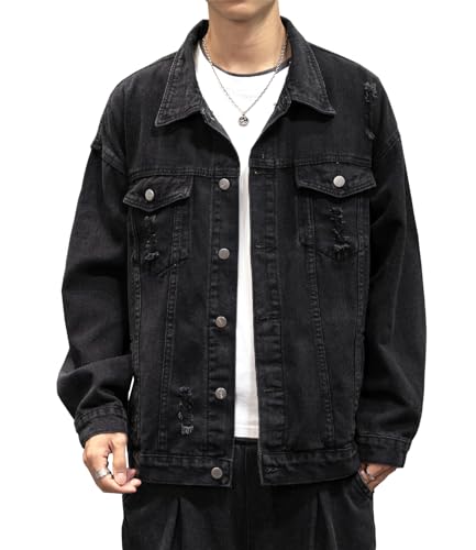 DAVID.ANN Men's Distressed Denim Jacket Casual Vintage Rugged Trucker Coat,Black,Medium