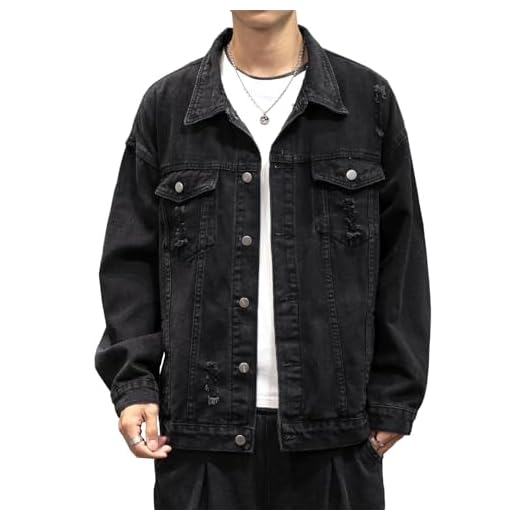 DAVID.ANN Jaqueta jeans masculina envelhecida, casual, vintage, robusta, estilo caminhoneiro, Preto, M