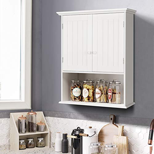 Armario de baño empotrado en pared COSTWAY, armario de almacenamiento sobre el inodoro con doble puerta y estante ajustable, armario de medicinas colgante de madera para sala de estar, recibidor y cocina (blanco) miniatura 4