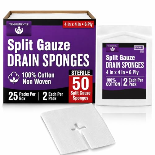 Split Gauze Sponges 4x4 Sterile [Pack of 50] 6 Ply Feeding Tube Pads - Drain Sponges for Catheters IVs Tracheostomy and G Tubes