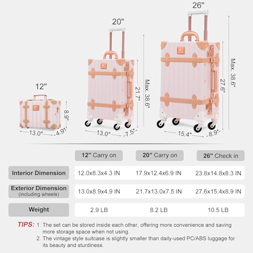 Image of UNIWALKER Vintage Suitcase Set, 3 Piece Retro Spinner Trunk, TSA-Approved Travel Luggage with Cosmetic Train Case for Women, Pink Strip, 26 inch+20 inch+12 inch