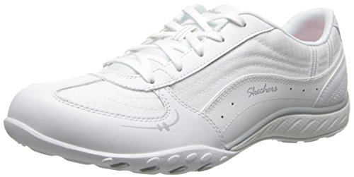 Skechers Sport Women's Just Relax Fashion Sneaker, White Leather/Mesh/Silver Trim, 7 M US