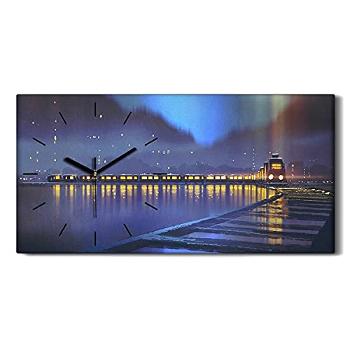Horloge sur toile haut de gamme 60x30cm tableau lumineux train de nuit art moderne